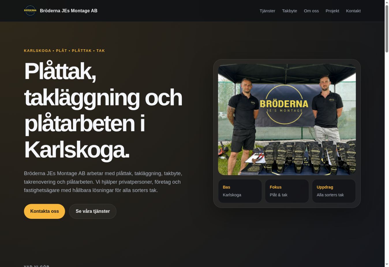 Skärmbild av Bröderna JEs Montage AB:s hemsida med presentation av plåt- och takarbeten i Karlskoga.