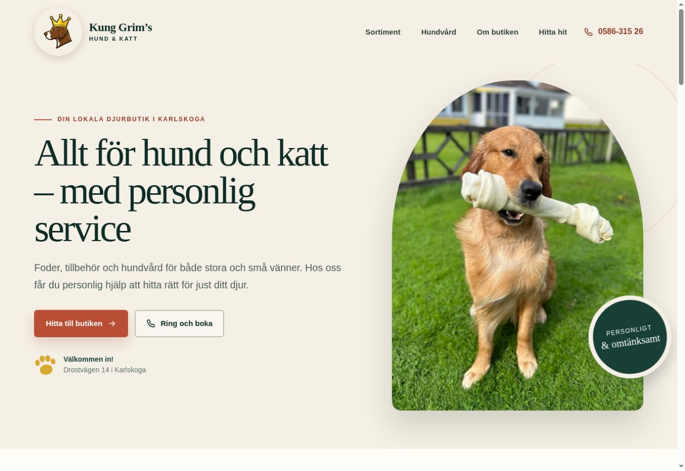 Skärmbild av Kung Grim’s Hund & Katts hemsida med butikens presentation och kontaktknappar.